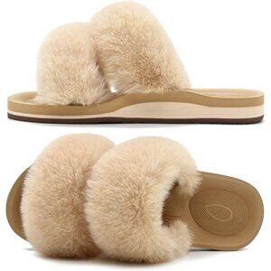 COFACE Fluff Womens Slippers Faux Fur Slip On Orthotic Slippers with Arch